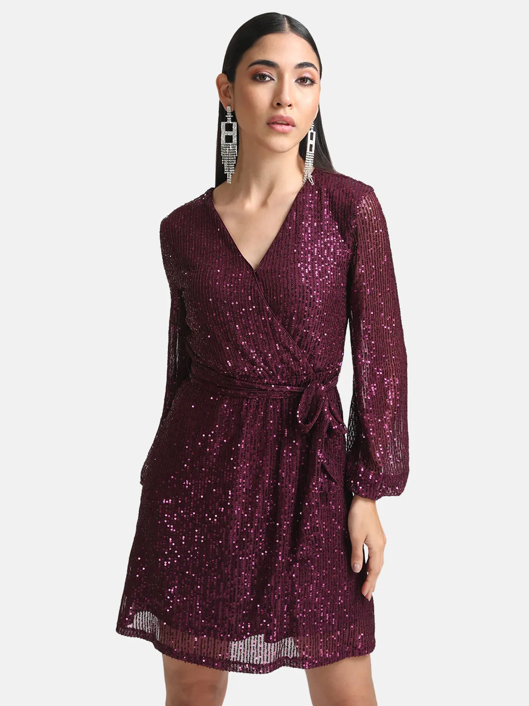 Sequin Overlap Mini Dress With Belt