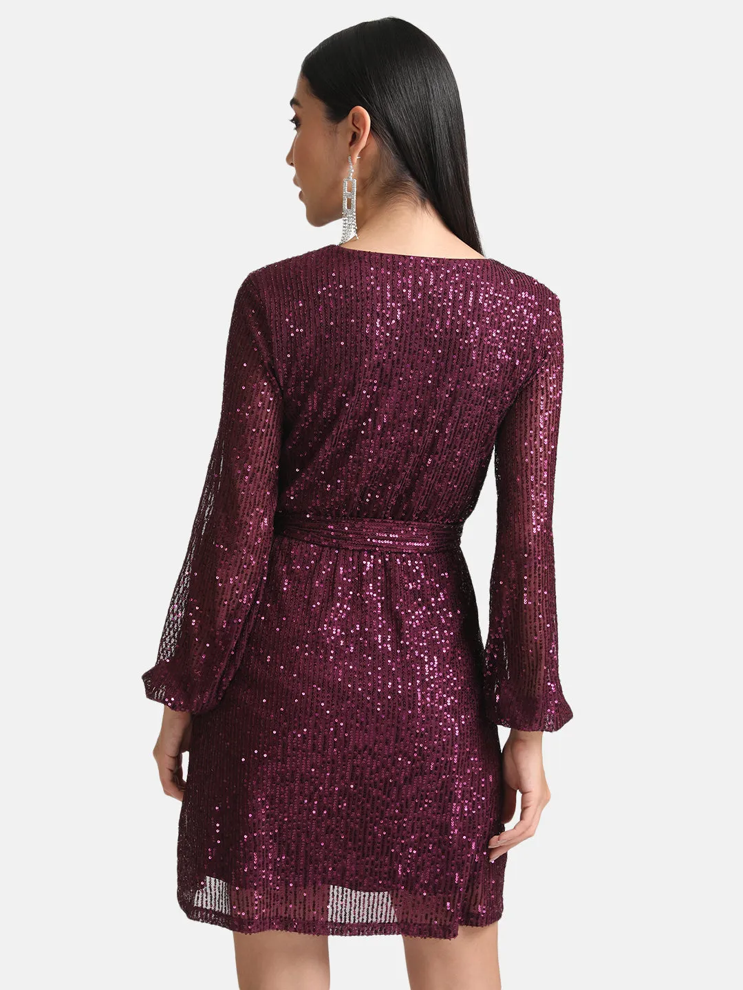 Sequin Overlap Mini Dress With Belt