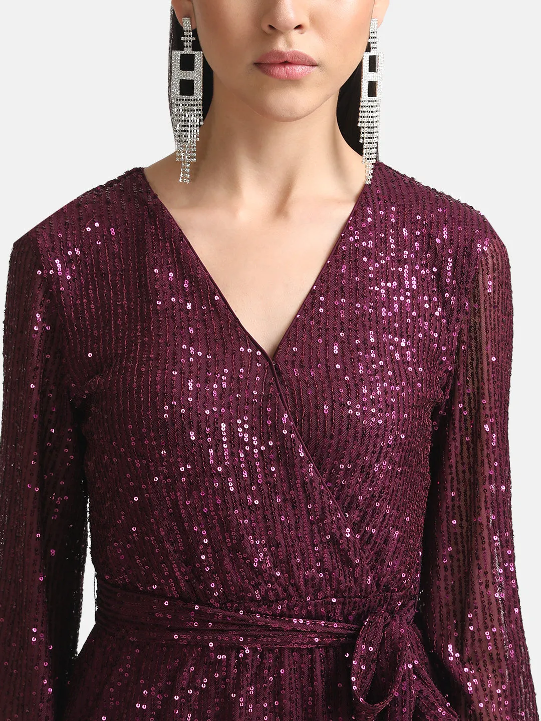 Sequin Overlap Mini Dress With Belt