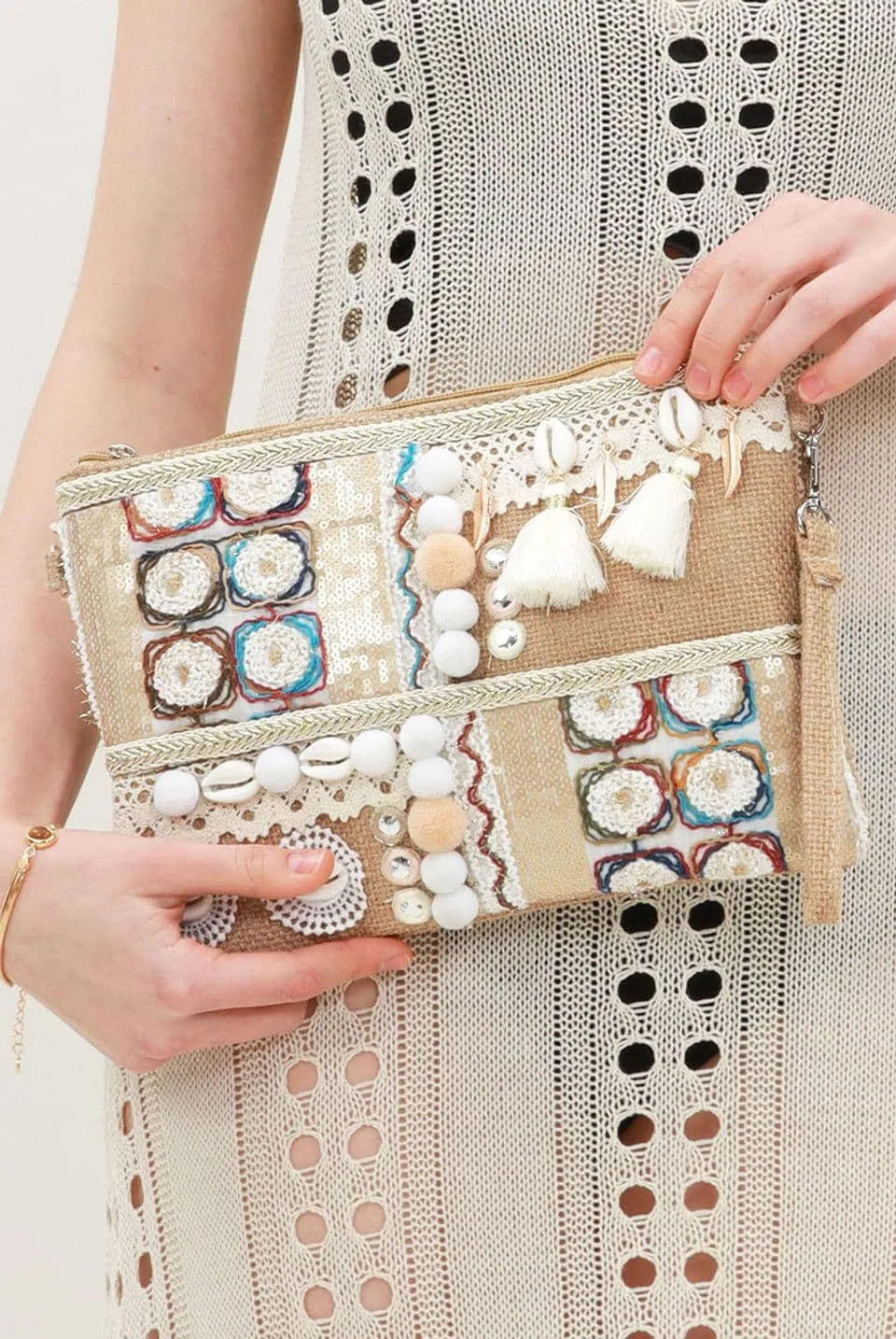 Shell Detail Nude Boho Clutch Bag