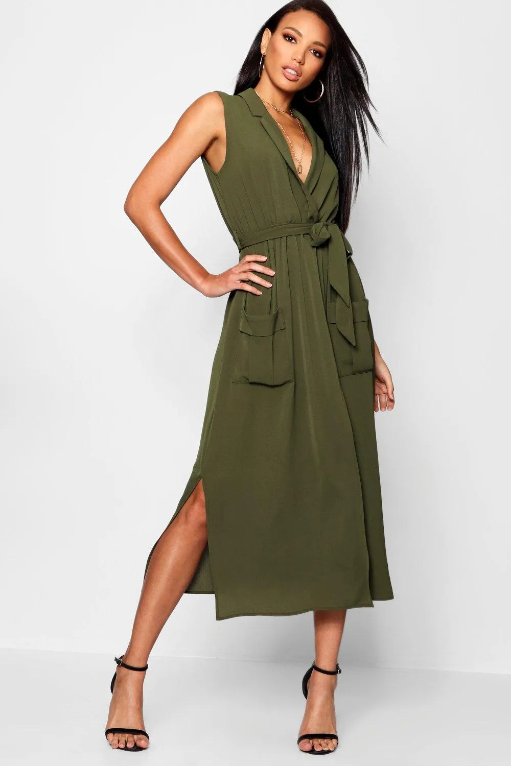Sleeveless Belted Midi Shirt Dress