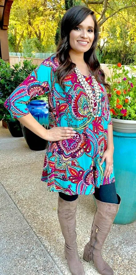 Small:  Turquoise Multi Paisley Flutter Tunic