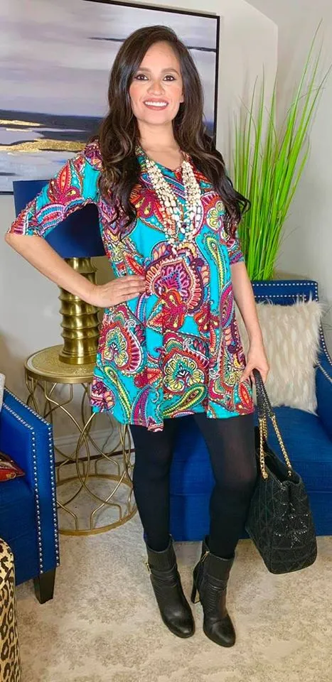 Small:  Turquoise Multi Paisley Flutter Tunic