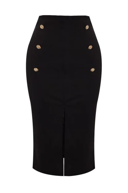Smart Crepe Button Midi Stretchy Knit Skirt With A Slit