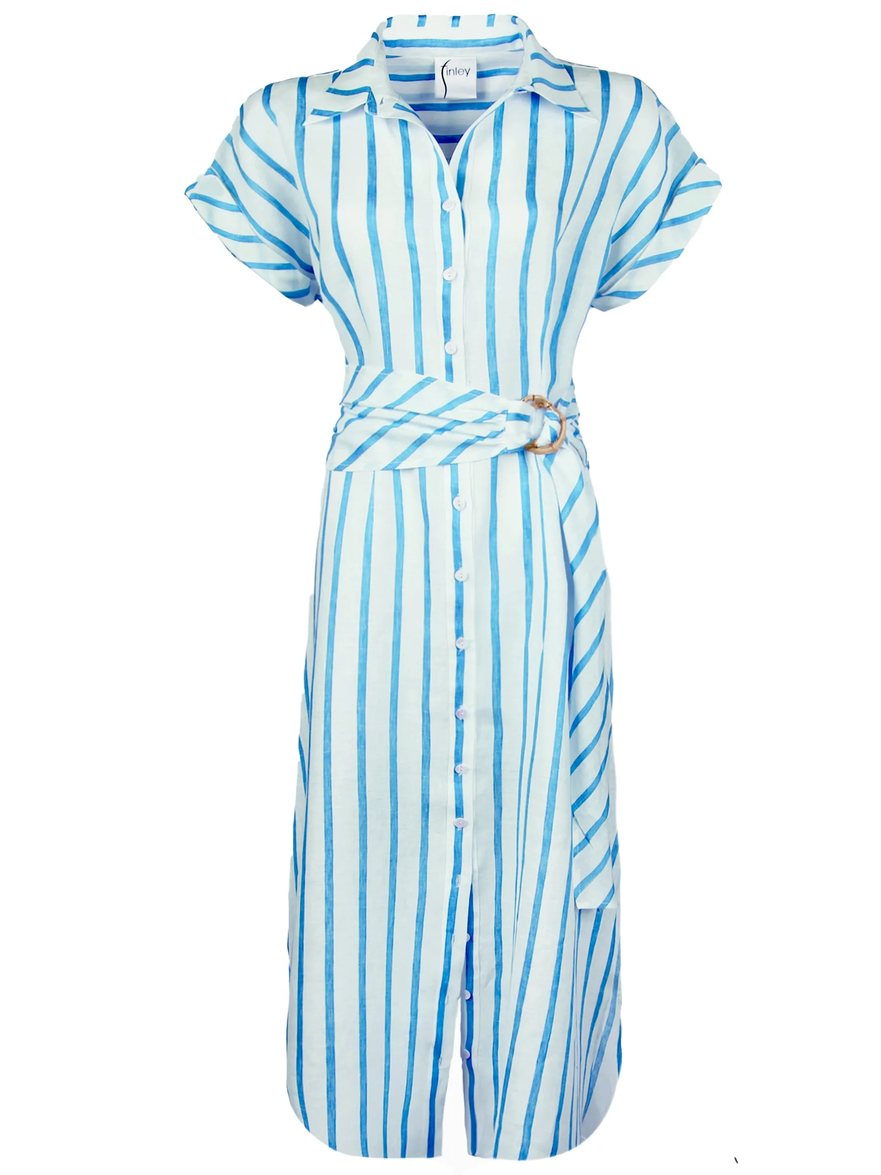 Smithy Sash Waist Linen Shirt Dress Aqua Stripe