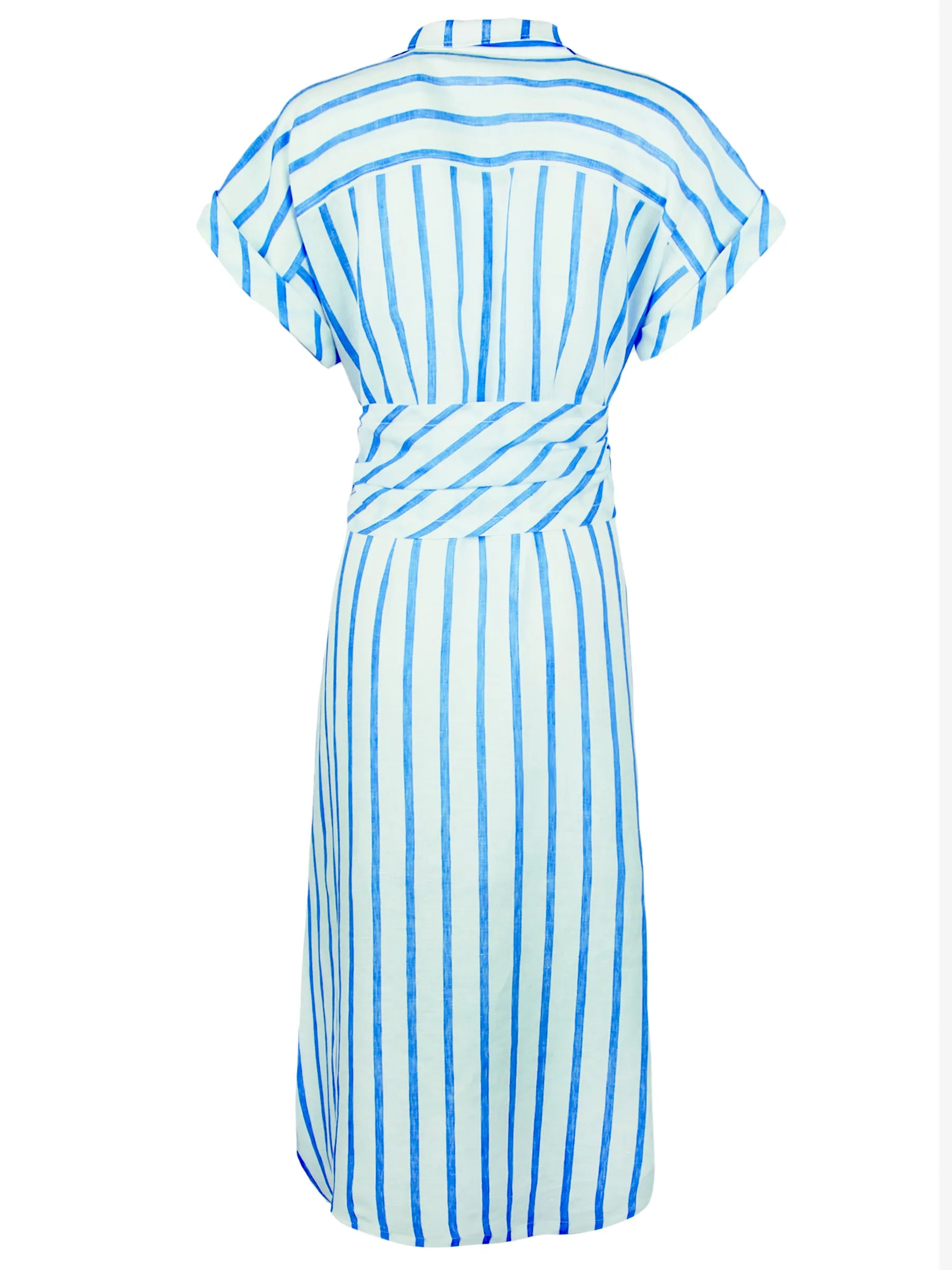 Smithy Sash Waist Linen Shirt Dress Aqua Stripe