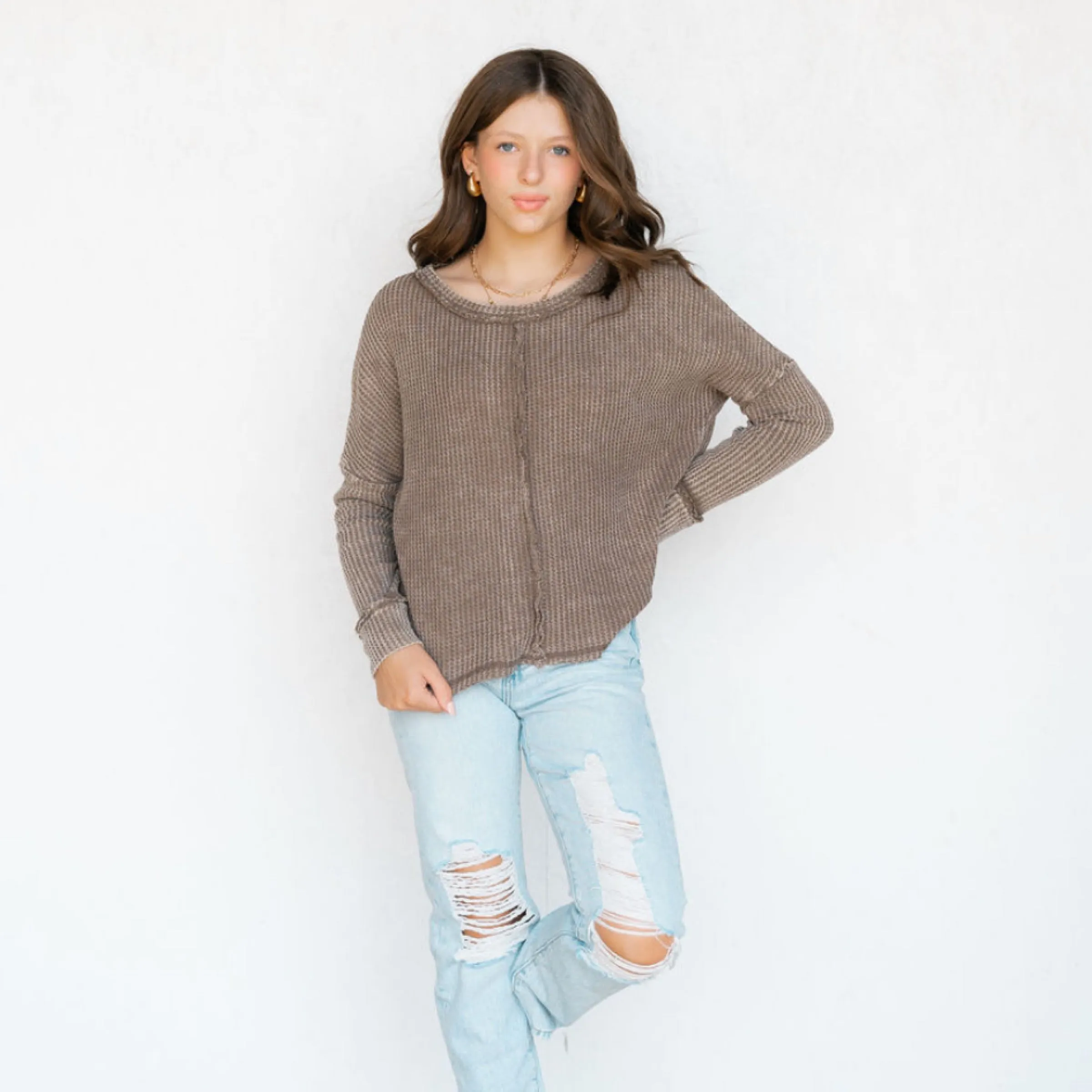 Sweet One Washed Long Sleeve Top Mocha