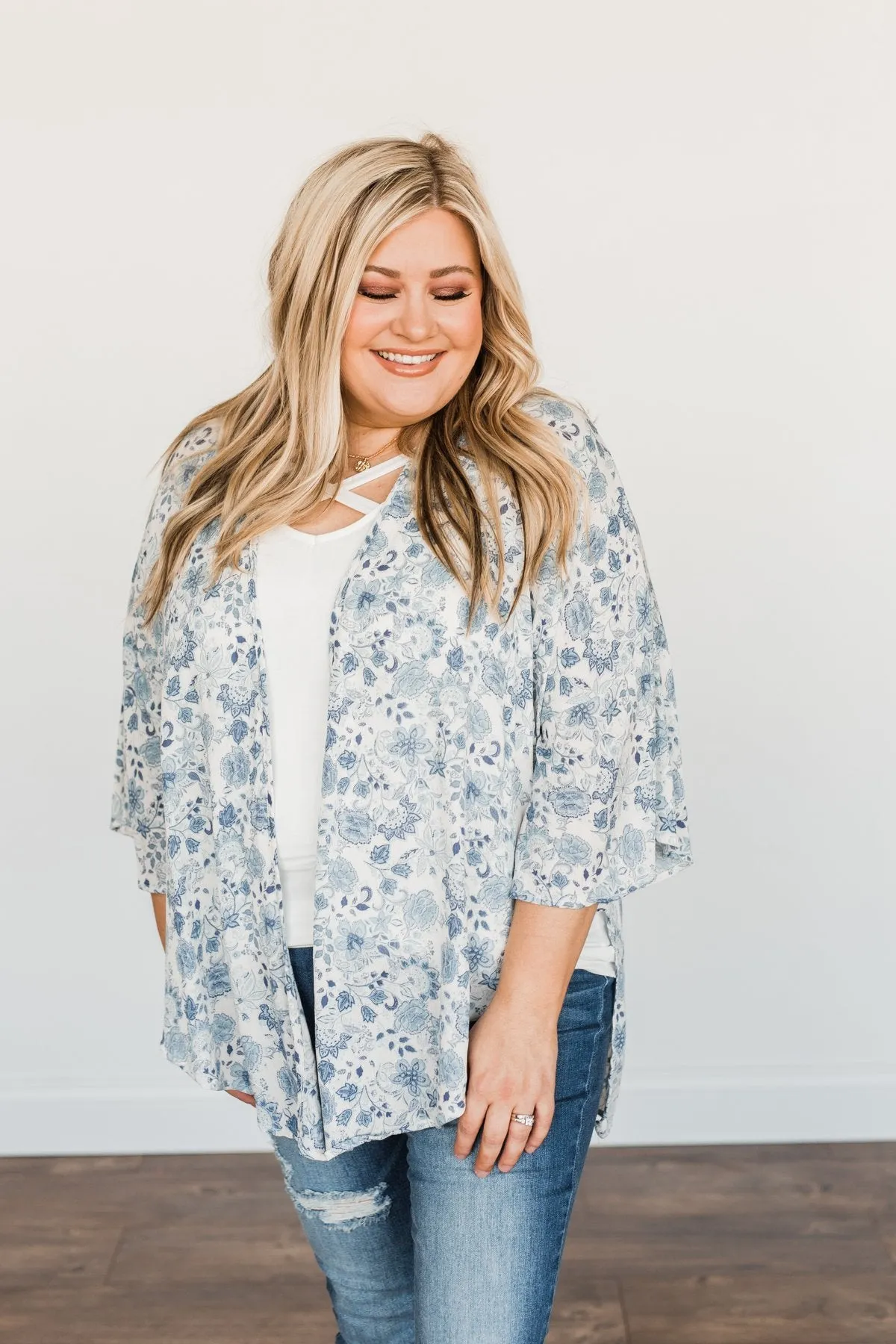 Thoughtful Wishes Floral Kimono- Ivory & Blue