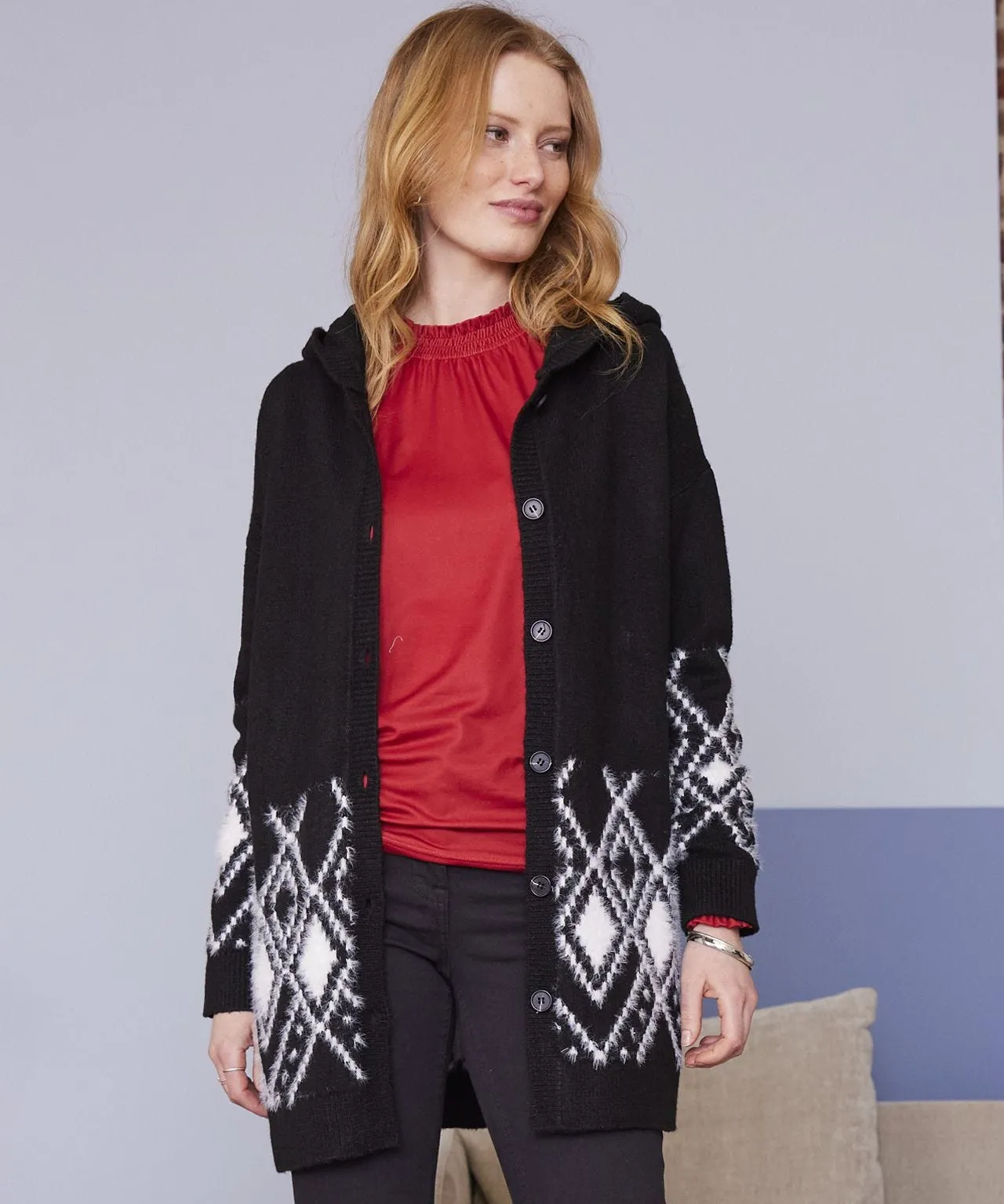 Toasty Thermal Hooded Jacquard Cardigan