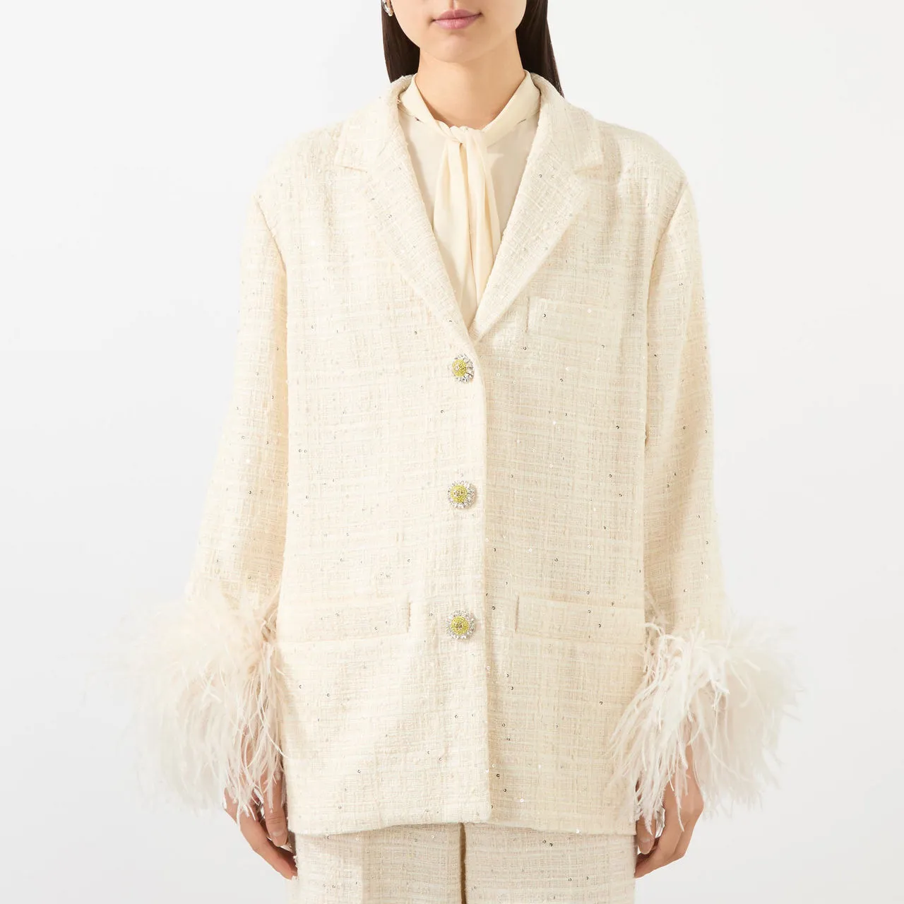 VALENTINO Tweed Feather-Trim Blazer - Natural