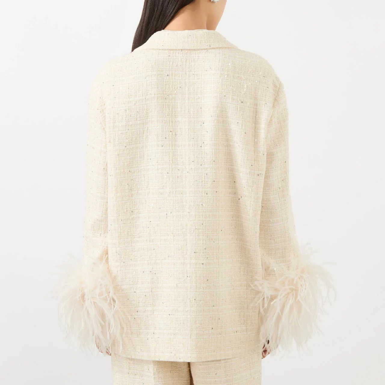 VALENTINO Tweed Feather-Trim Blazer - Natural