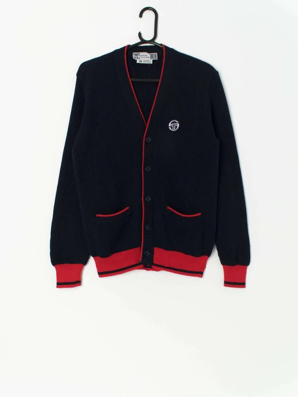 Vintage Sergio Tacchini wool cardigan in navy blue and red – Medium