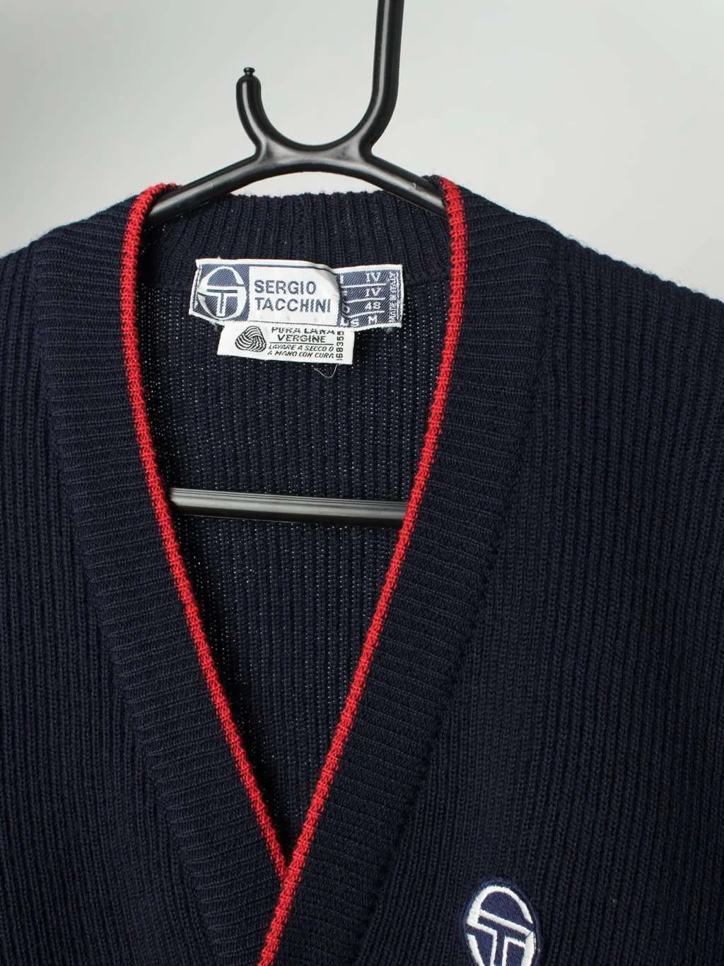 Vintage Sergio Tacchini wool cardigan in navy blue and red – Medium