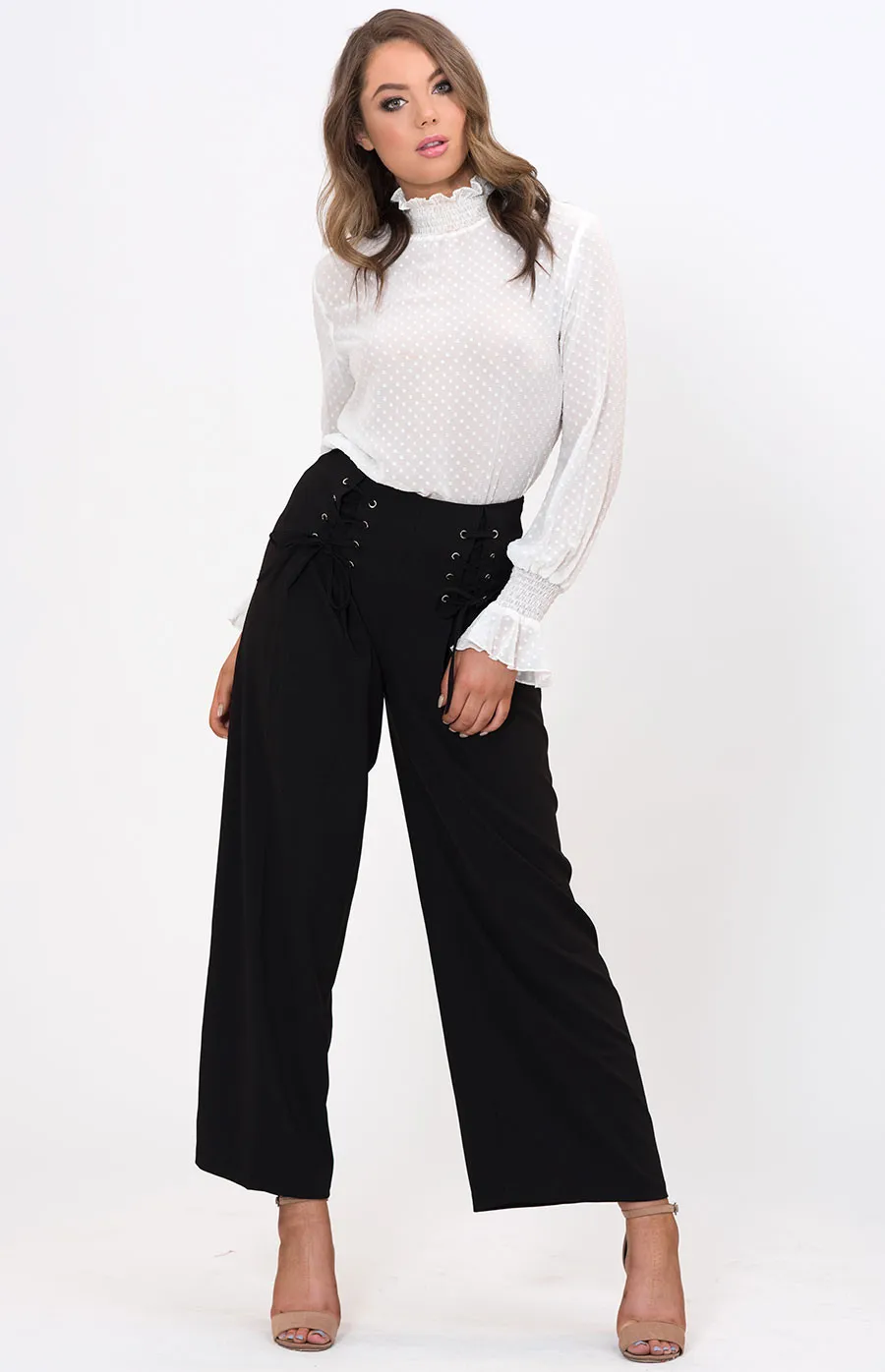 Wide Leg Pants with Lace Up Detail (APA801A)