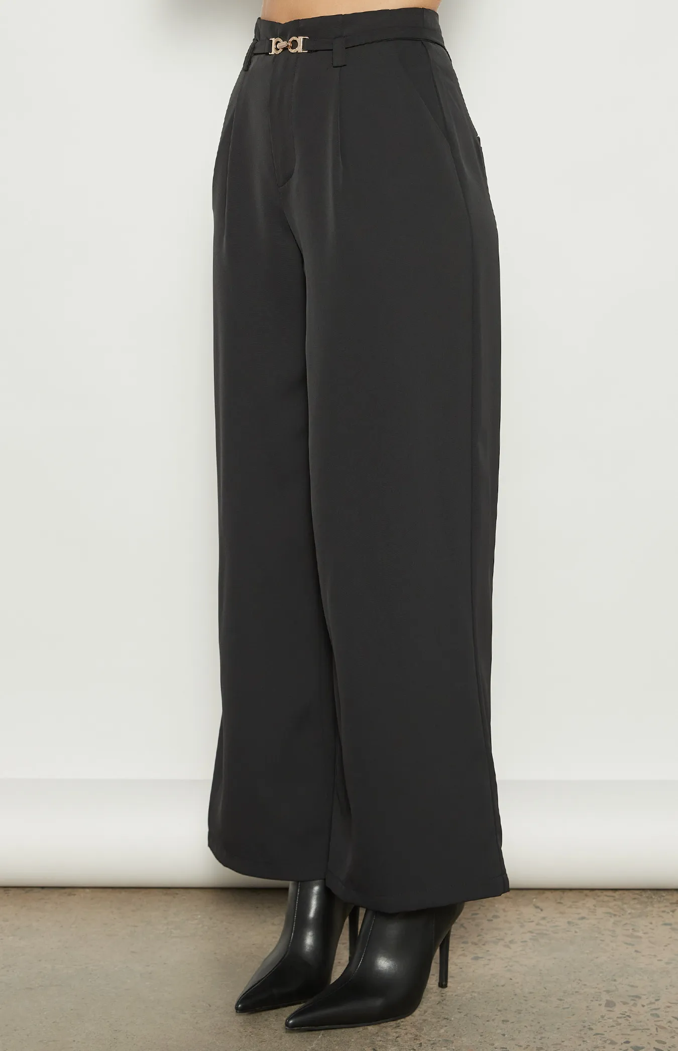 Wide Leg Pants with Thin Belt Gold Buckle Detail (WPA275B)