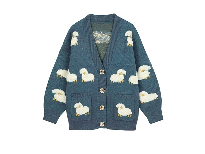 Xituodai Vintage Lamb Knit Cardigan Jacket Streetwear Harajuku Casual Loose Sheep Full Print Knitted Cardigan Sweater Winter Coa