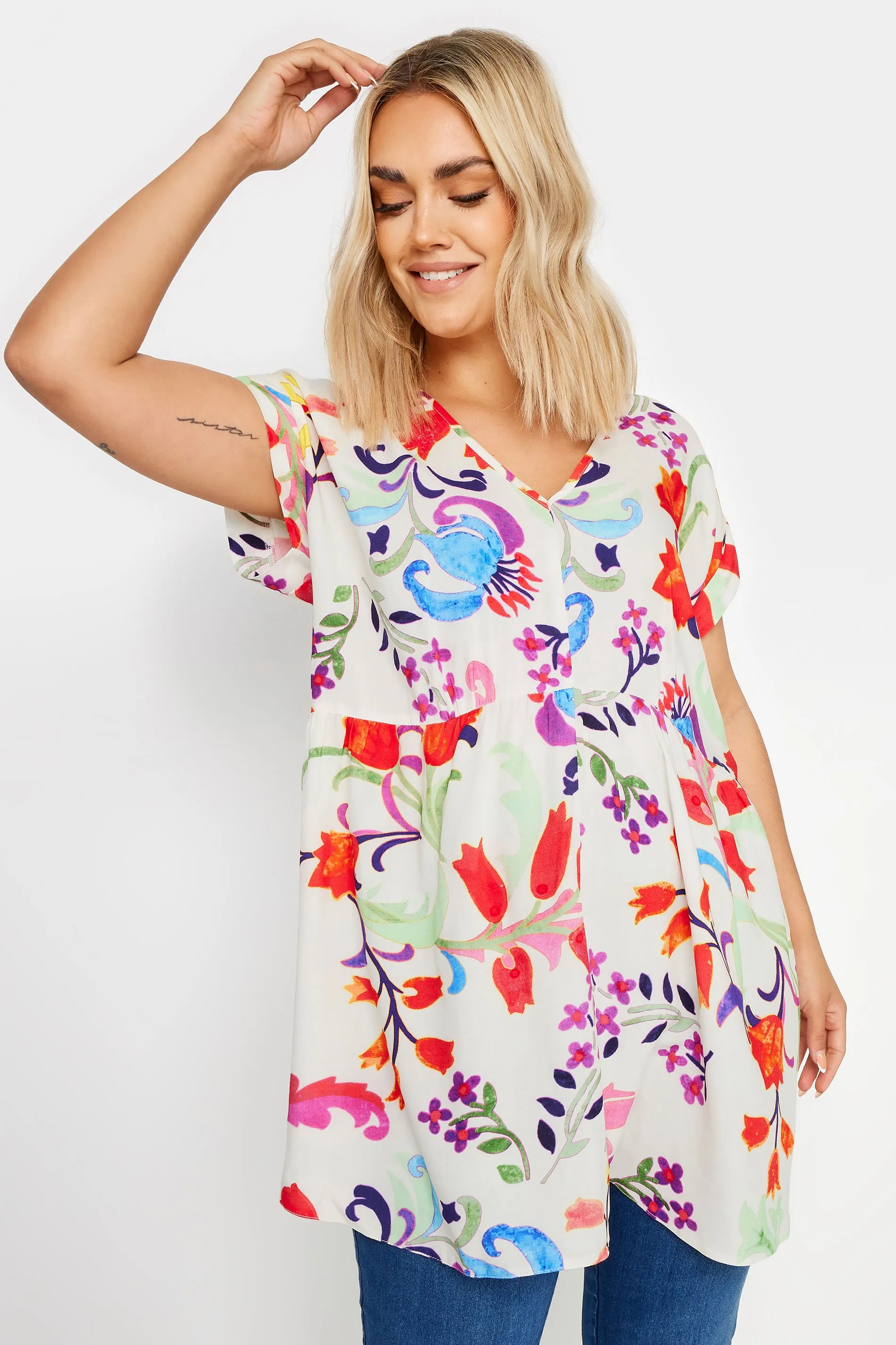 YOURS Curve White Floral Print Tunic Top