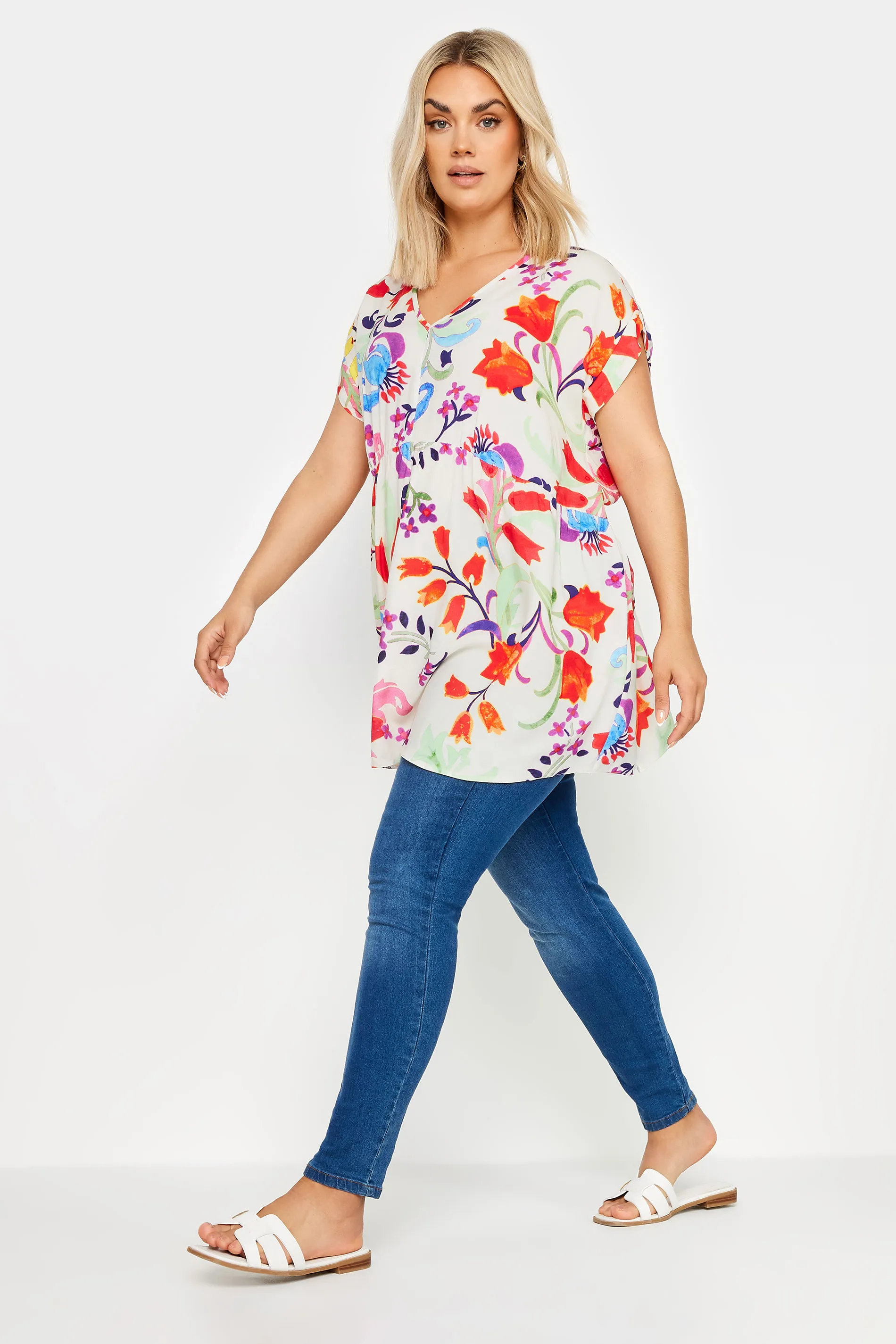 YOURS Curve White Floral Print Tunic Top