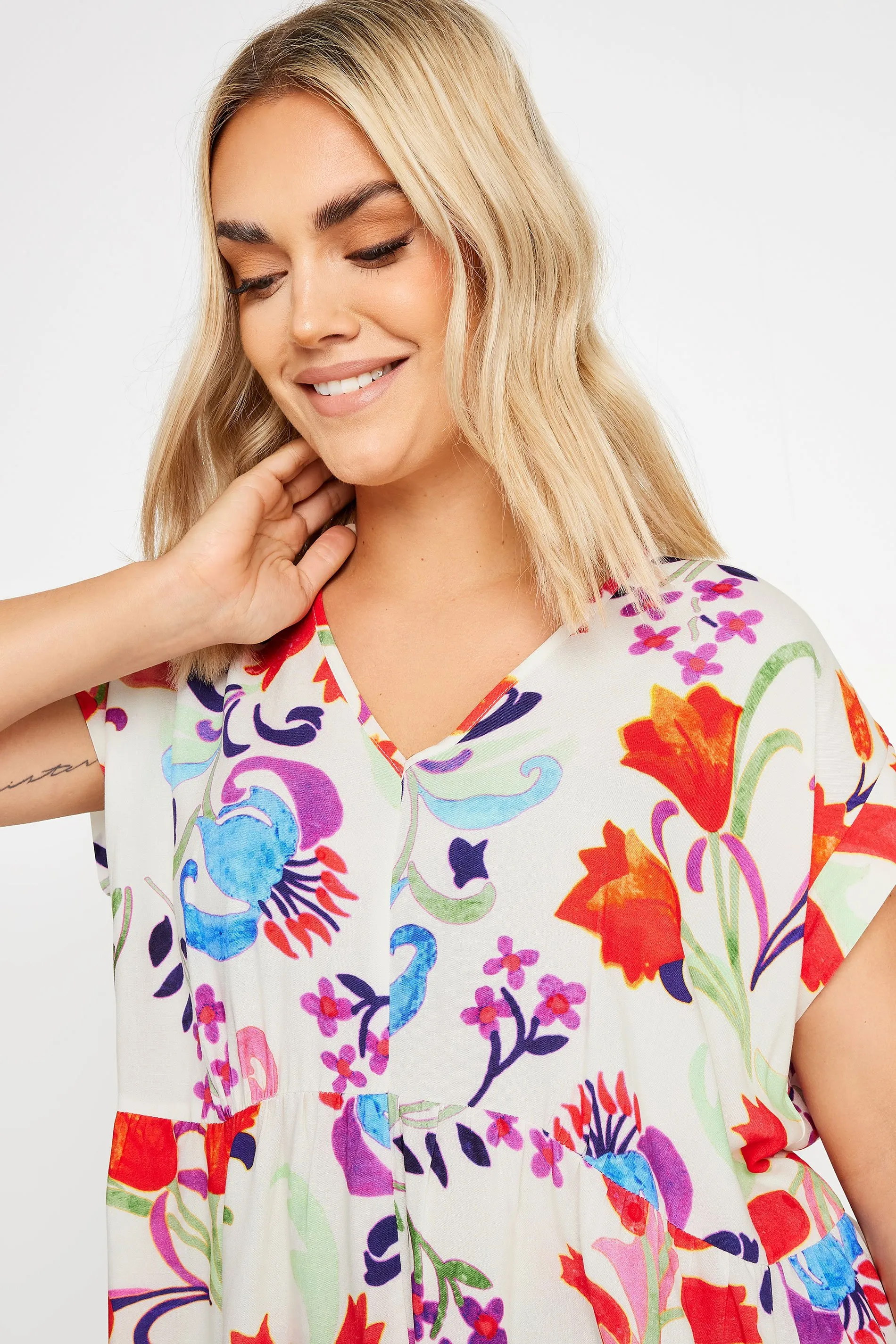 YOURS Curve White Floral Print Tunic Top