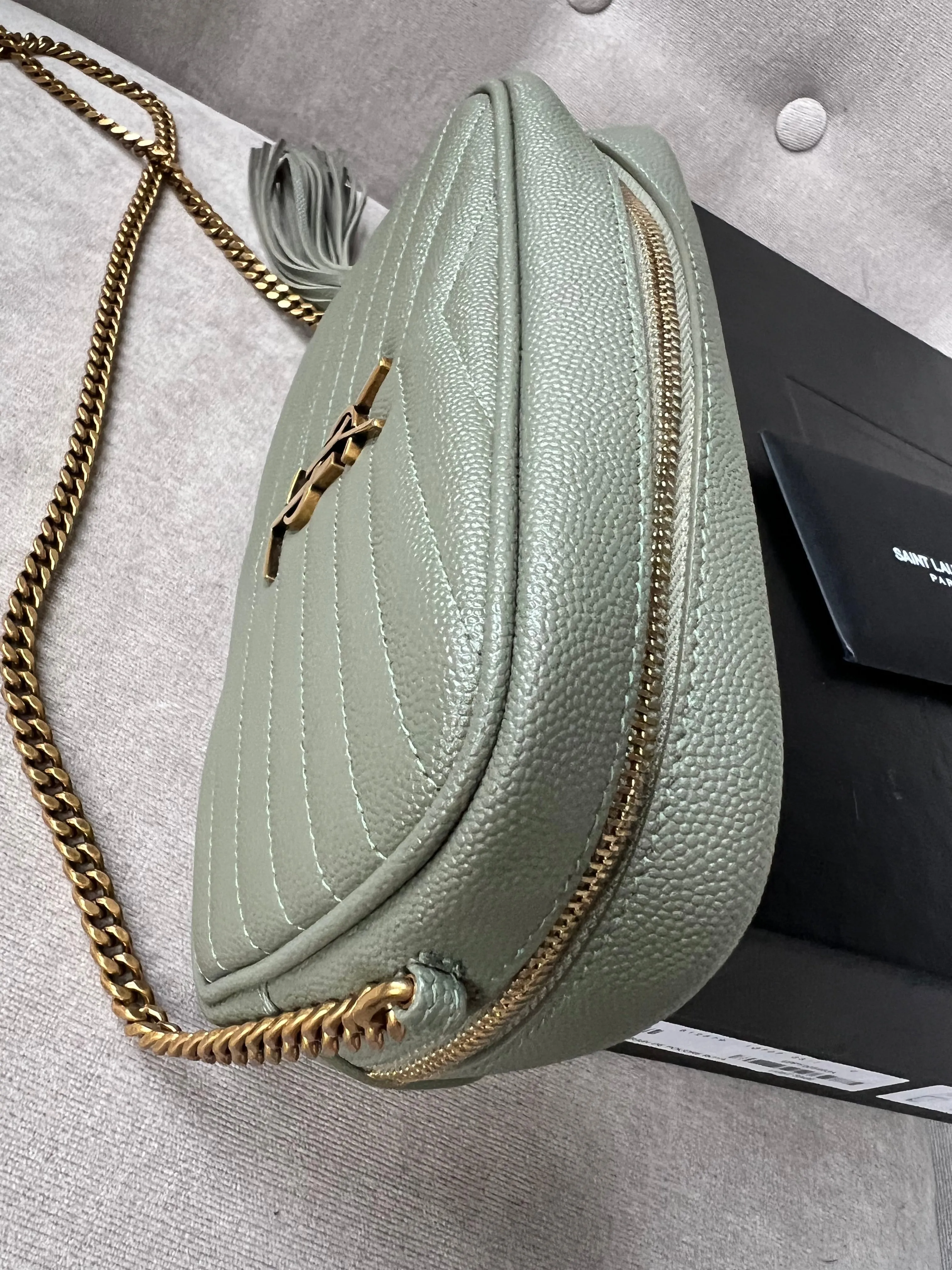 Yves Saint Laurent (YSL) Sage Green Mini Lou Camera Bag